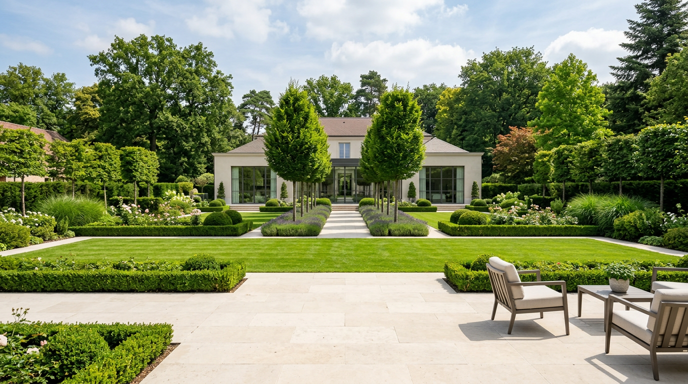 Jardin paysager d’exception avec pelouse parfaitement entretenue